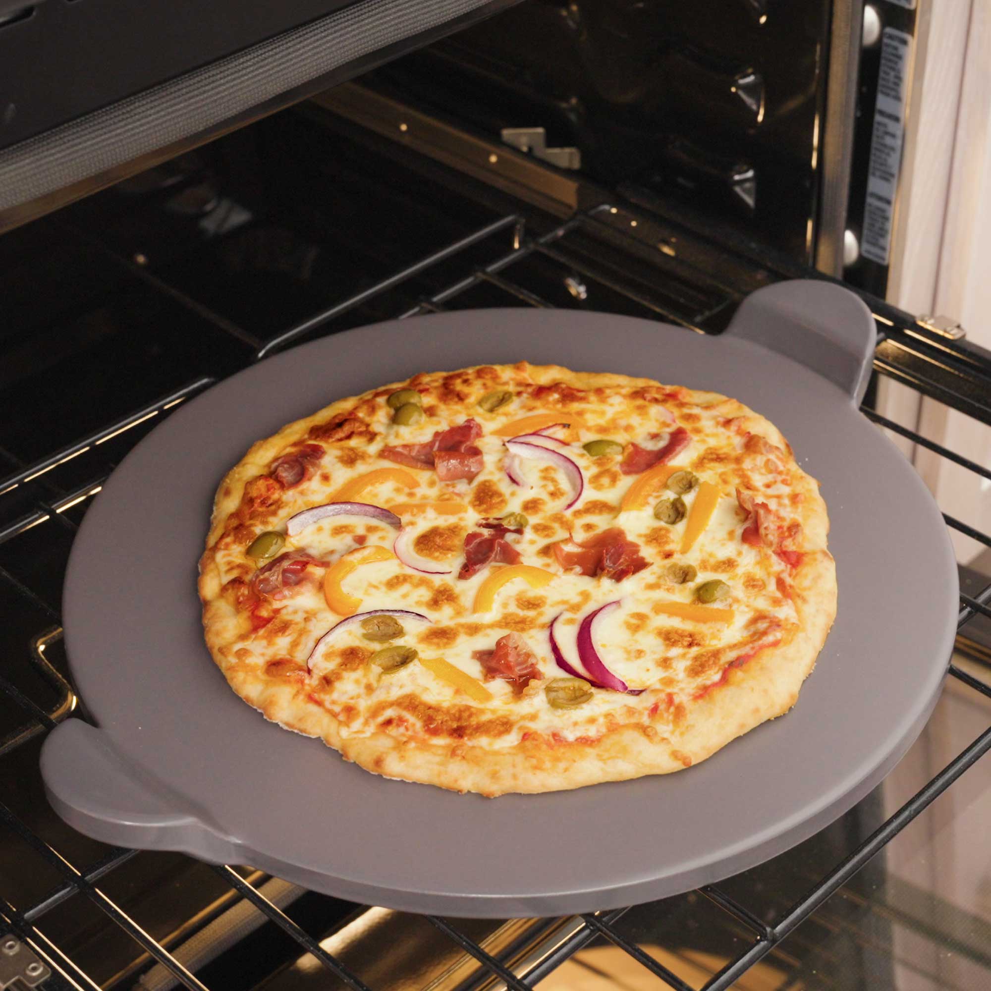 Glazed Round Pizza Stone with Handles, 15-Inch, Grey - Image 3