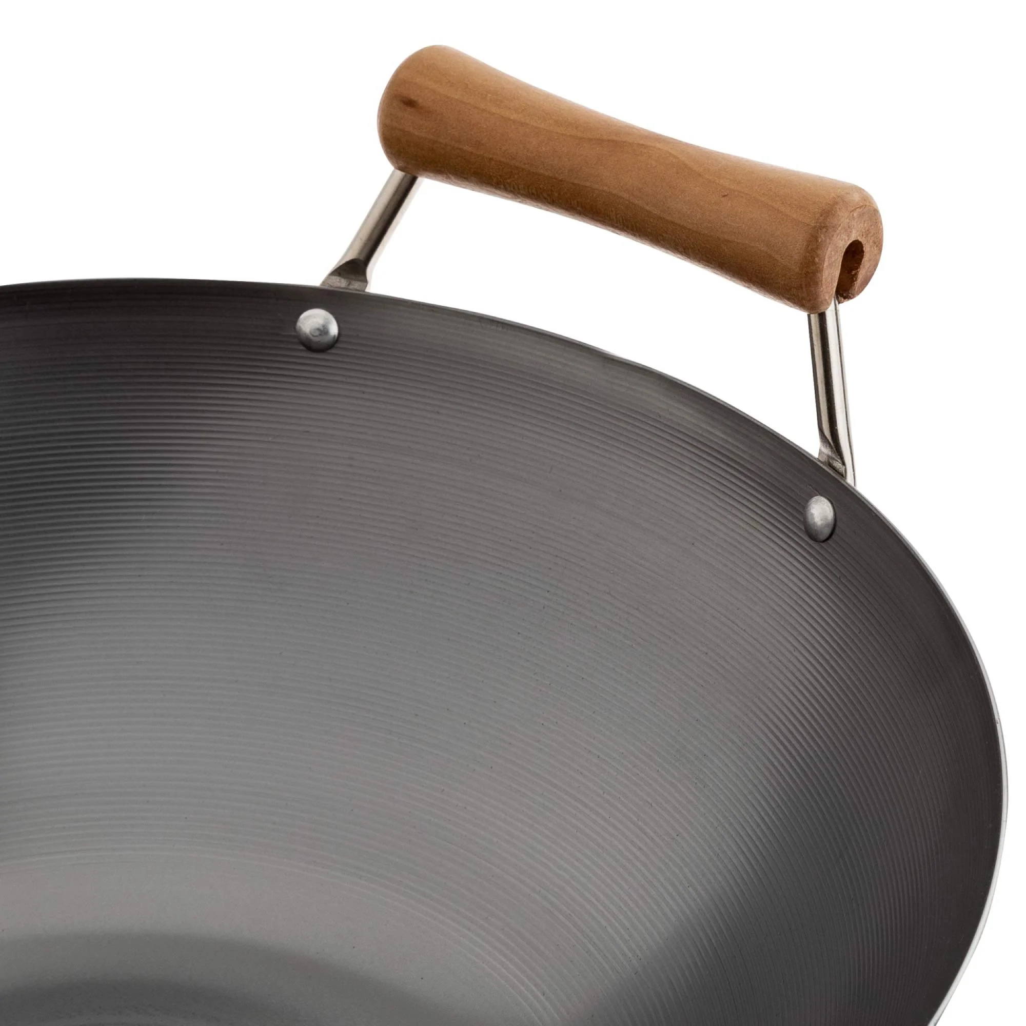 Classic Series 14-Inch Uncoated Carbon Steel Flat Bottom Wok Set with Lid and Birch Handles, 4 Pieces - Image 4