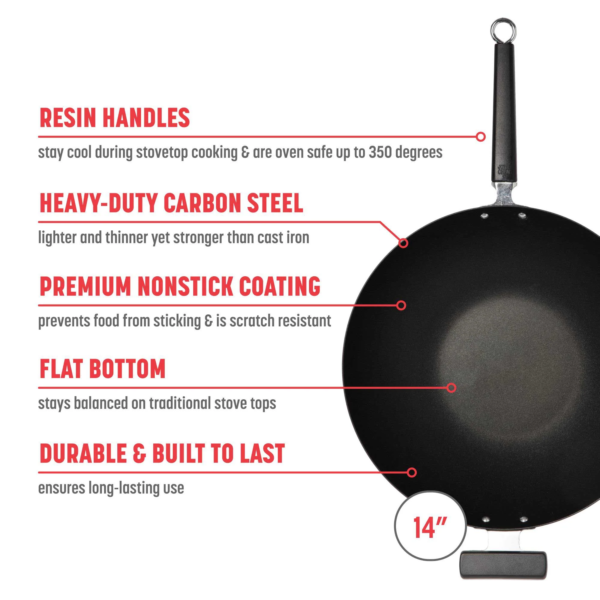 Professional Series 14-Inch Carbon Steel Ceramic Nonstick Flat Bottom Wok with Phenolic Handles - Image 2