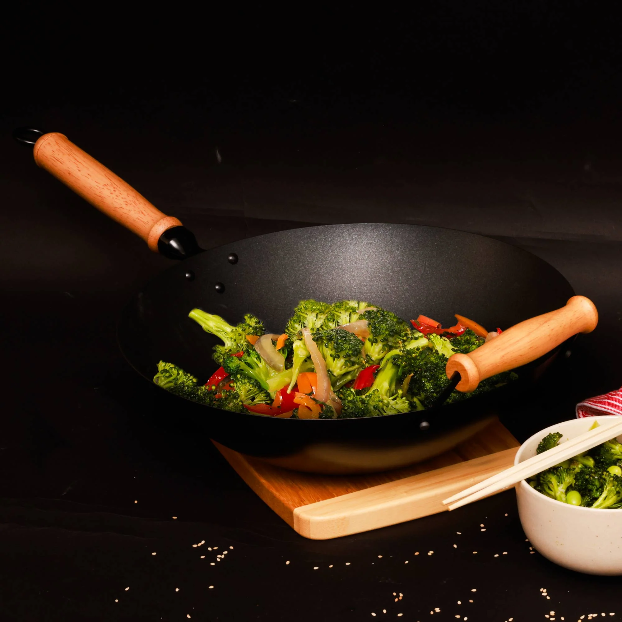 Professional Series 14-Inch Carbon Steel Ceramic Nonstick Flat Bottom Wok Set with Lid and Maple Handles, 10 Pieces - Image 4