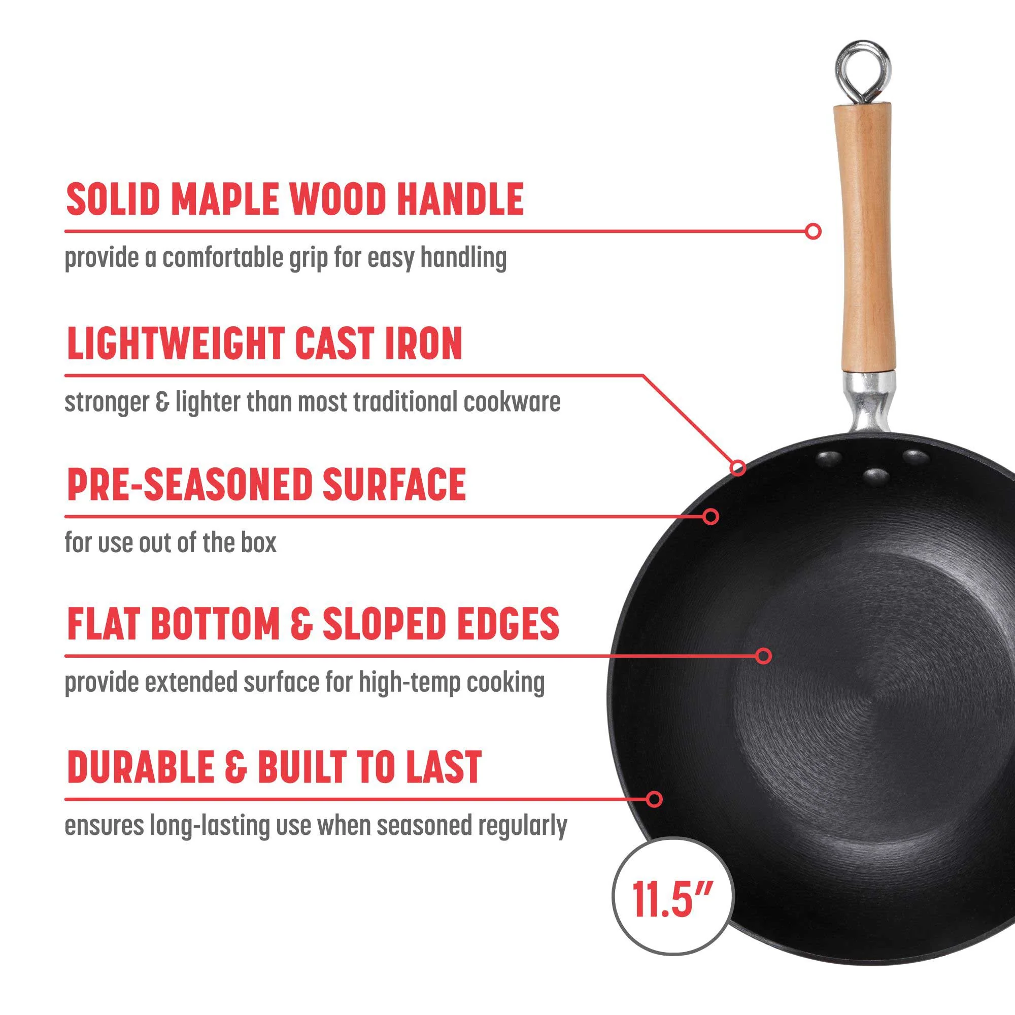 Professional Series 11.5-Inch Preseasoned Cast Iron Stir Fry Pan with Maple Handle - Image 2