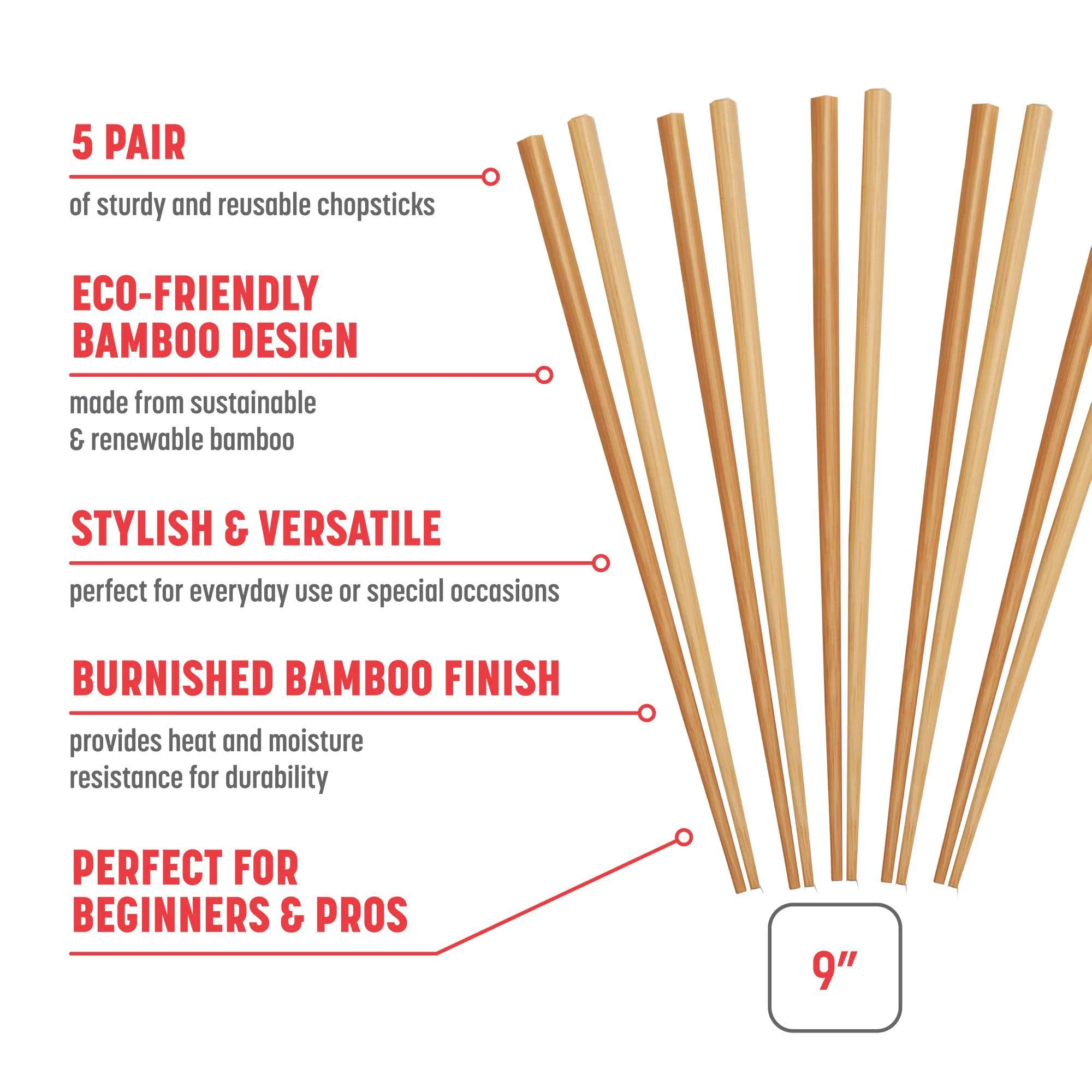Reusable Burnished Bamboo Chopsticks Set, 5 Pair - Image 2