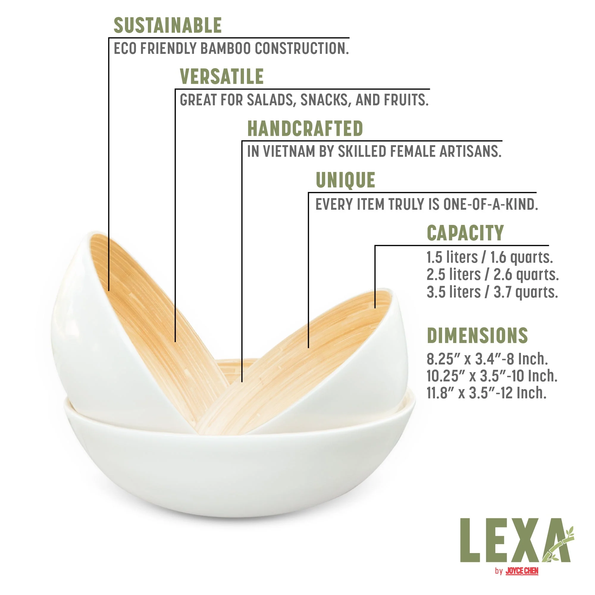 Lexa Bamboo 3-Piece Bowl Set, 12, 10, 8 Inch - Image 24
